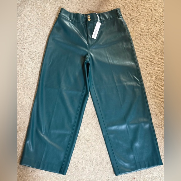 NWT-Chico's Fly Front Faux Leather Wide-Leg Cropped Pants dark green/teal color. - Picture 3 of 5